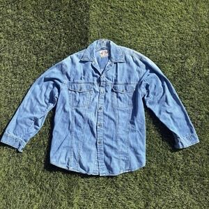 Vintage Bugle Boy Denim Trucker Jacket Mens Large Blue Jean Gold Crest Button Up